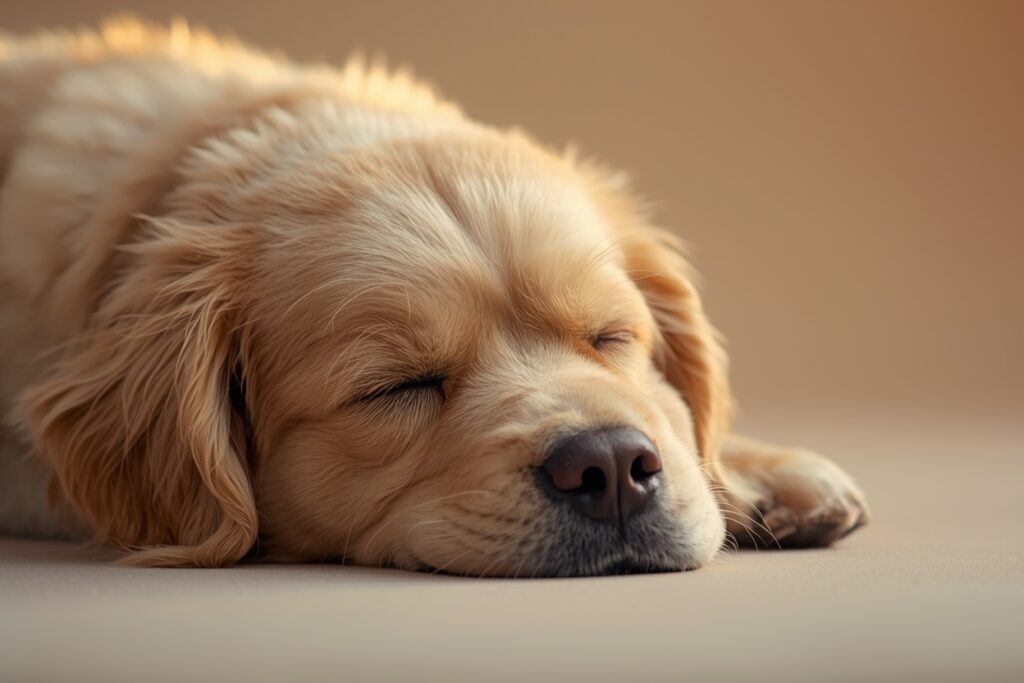 Calm dog sleeping peacefully on a soft surface, showing relaxed body language after anxiety has settled.