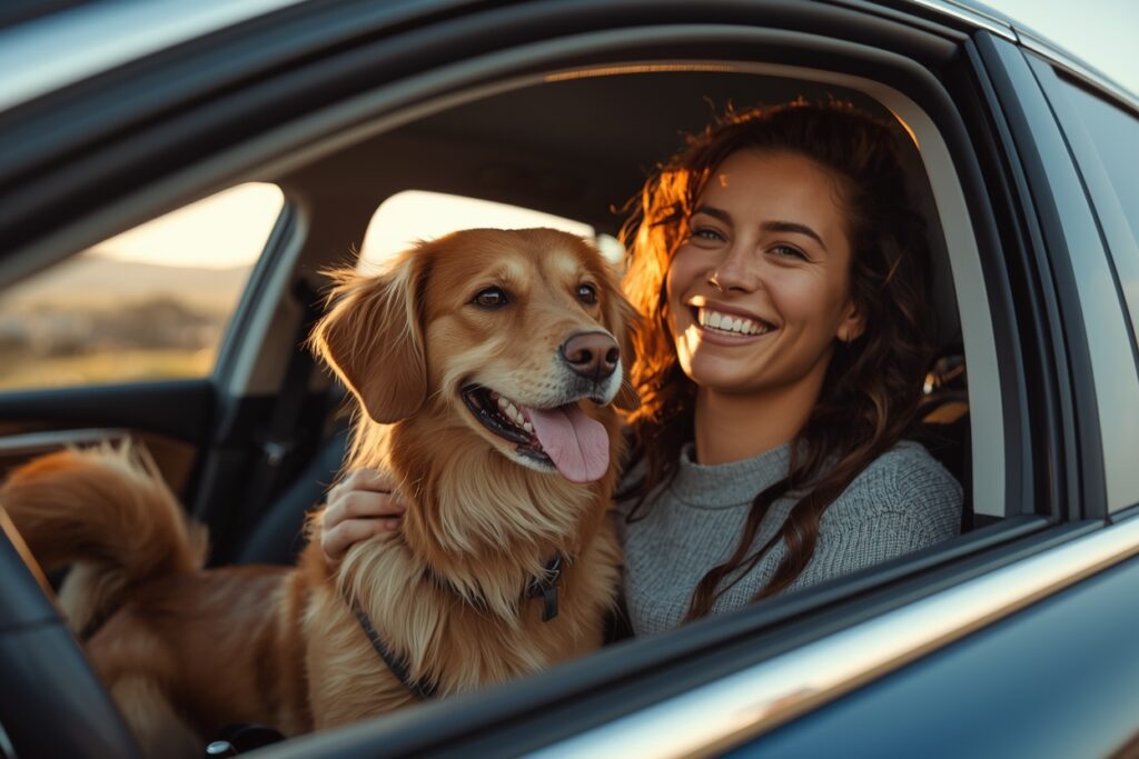 dog relaxing in car with owner after vet visit feeling safe and calm