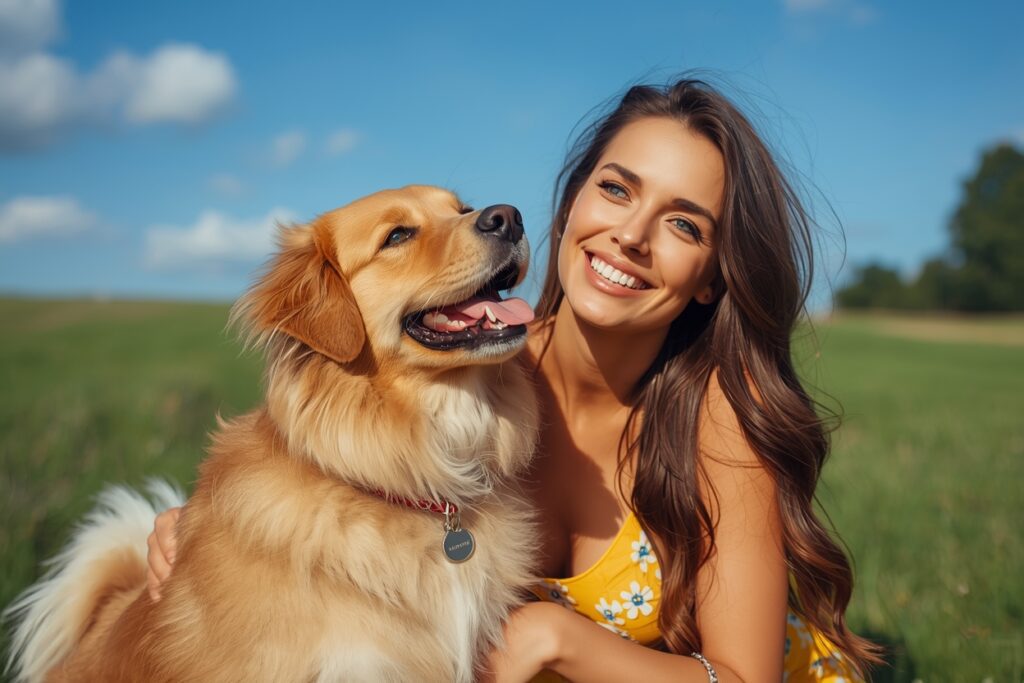Happy dog and owner bonding outdoors after the rescue dog settles into a loving home