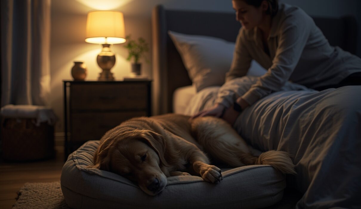 Owner gently comforting an anxious dog at night beside the bed in a calm bedroom environment