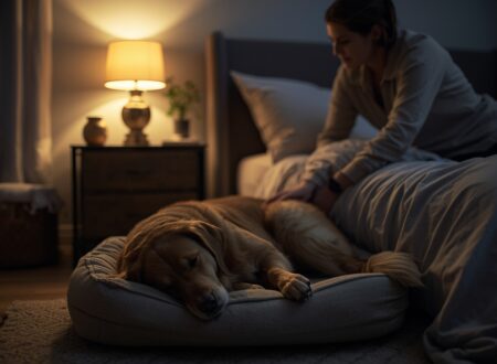 Owner gently comforting an anxious dog at night beside the bed in a calm bedroom environment