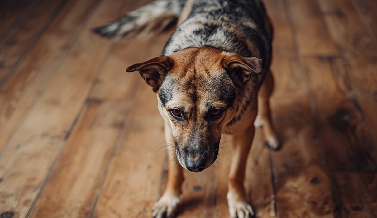 An anxious dog standing with lowered posture and tense body language, showing fear and lack of confidence in a home environment