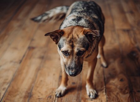 An anxious dog standing with lowered posture and tense body language, showing fear and lack of confidence in a home environment