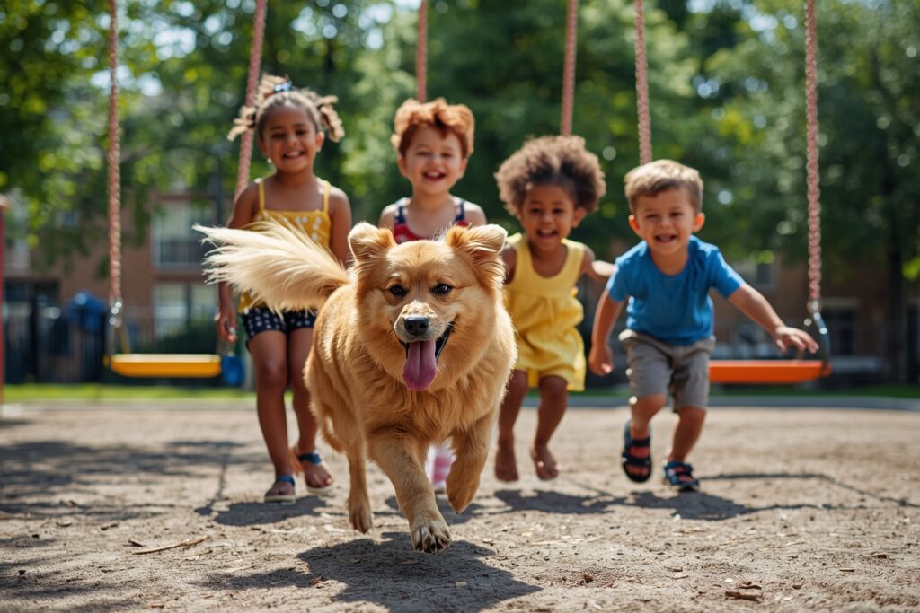 Happy dog running and playing with children in a park, showing confidence and comfort in a familiar environment