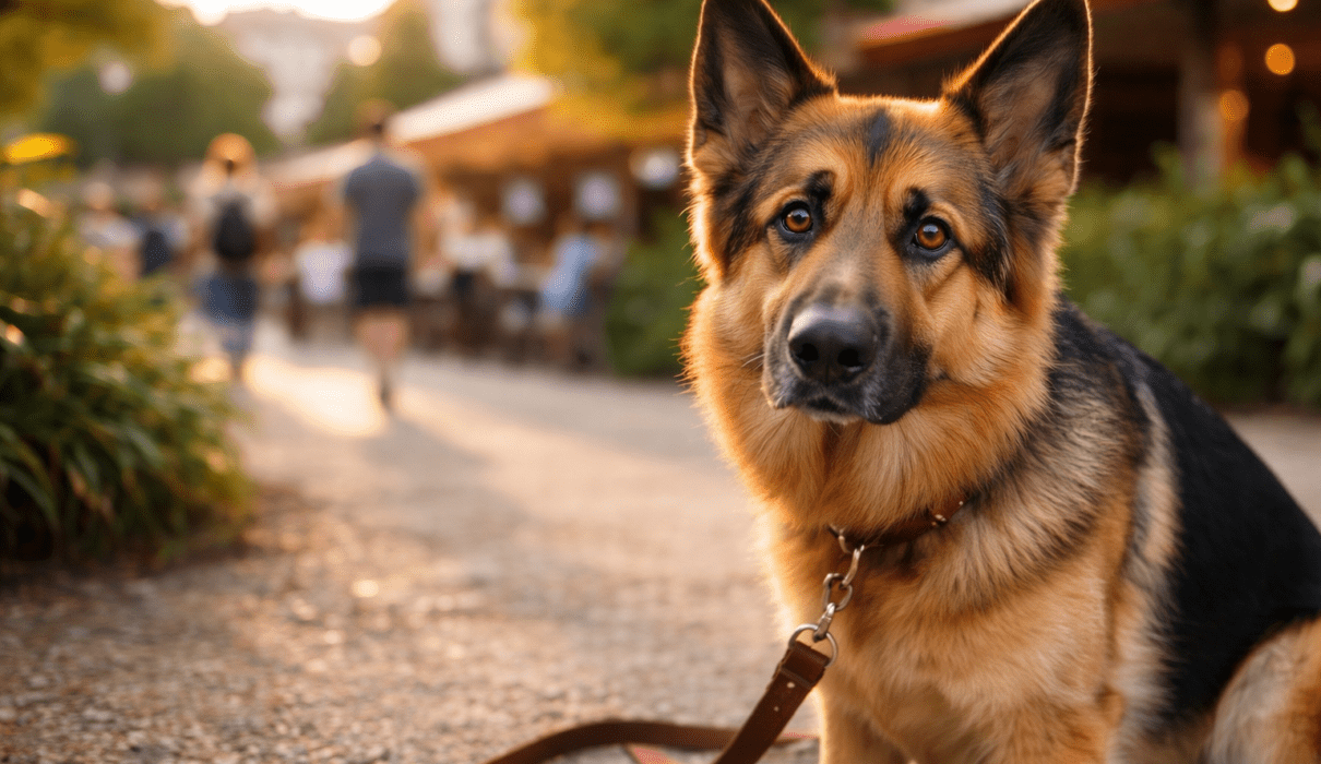 German Shepherd dog sitting outdoors on a leash, looking alert and slightly anxious in a new unfamiliar environment