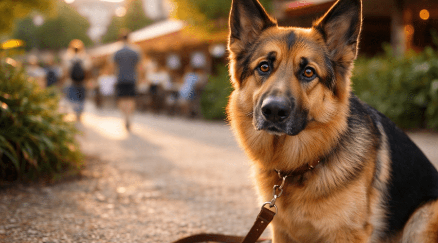 German Shepherd dog sitting outdoors on a leash, looking alert and slightly anxious in a new unfamiliar environment
