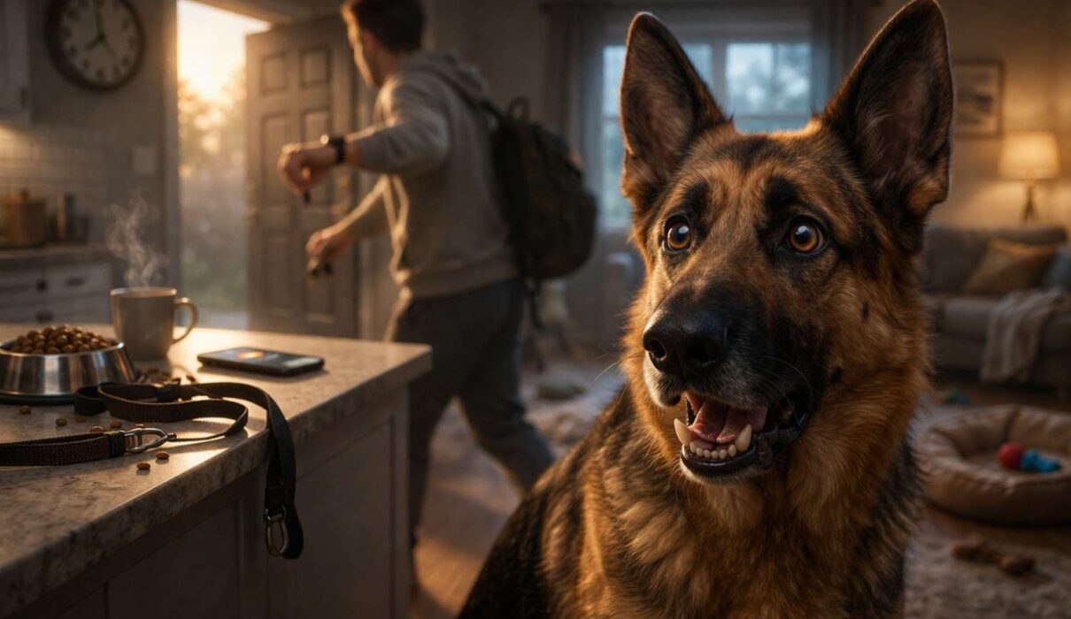 German Shepherd showing anxiety as owner leaves home, demonstrating dog anxiety caused by sudden routine changes