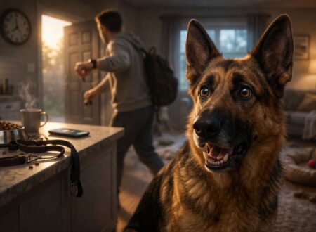 German Shepherd showing anxiety as owner leaves home, demonstrating dog anxiety caused by sudden routine changes