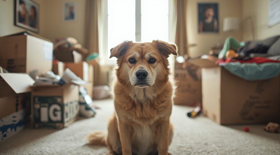 Dog sitting in a new home surrounded by moving boxes showing signs of anxiety after moving to a new house.