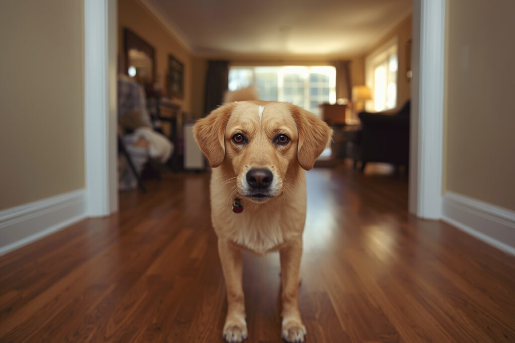 Golden-colored dog standing on a wooden floor inside a house, showing signs of anxiety and uncertainty in a new environment