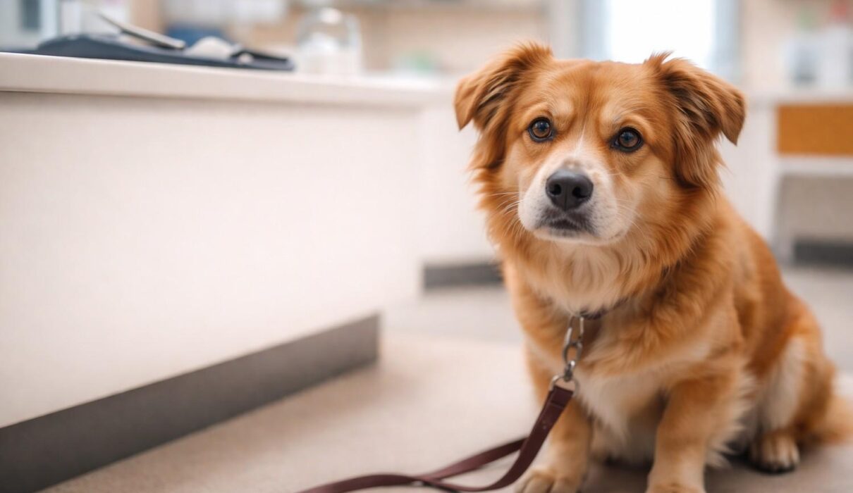 dog sitting at veterinary clinic looking anxious and unsure before examination