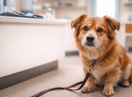 dog sitting at veterinary clinic looking anxious and unsure before examination