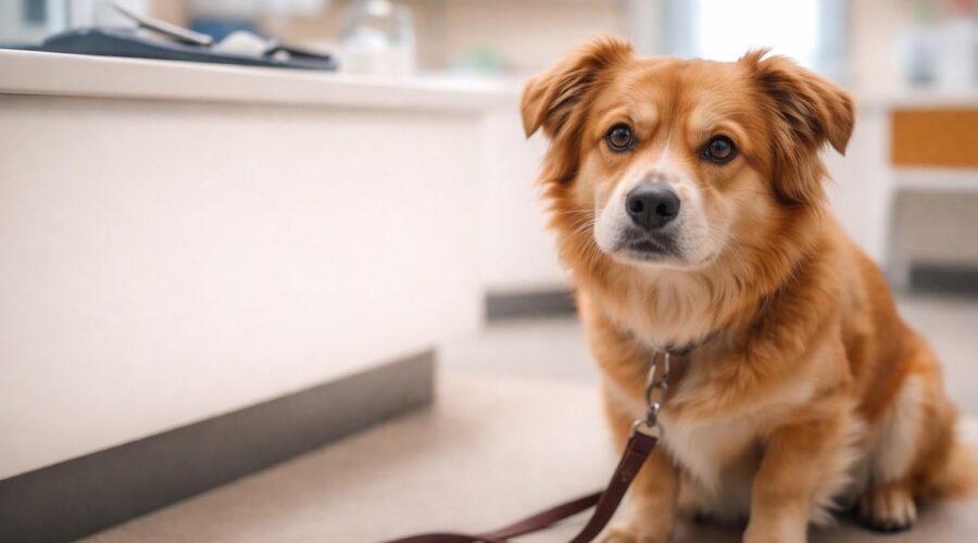 dog sitting at veterinary clinic looking anxious and unsure before examination