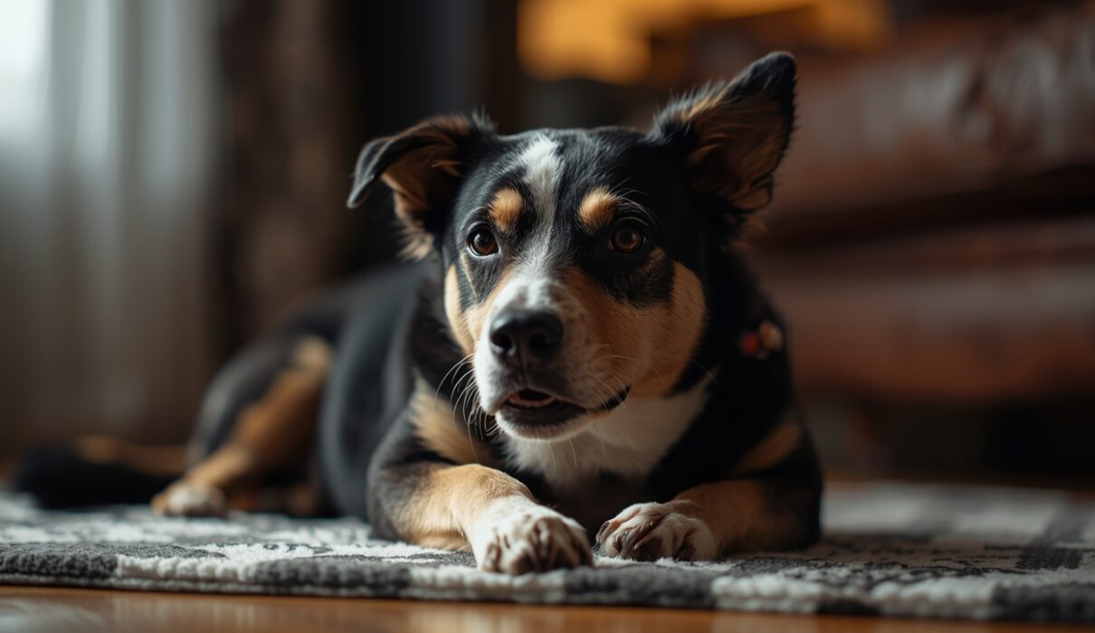 Dog lying on the floor indoors looking alert and uneasy, showing possible trembling caused by anxiety or discomfort.