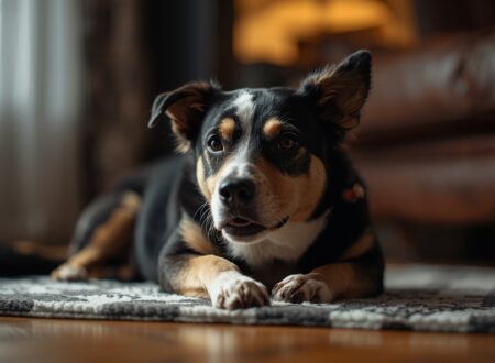Dog lying on the floor indoors looking alert and uneasy, showing possible trembling caused by anxiety or discomfort.