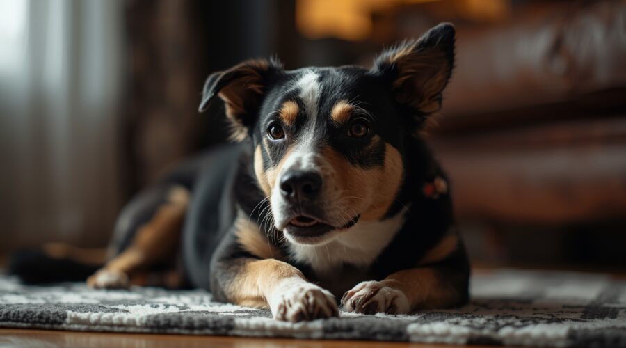 Dog lying on the floor indoors looking alert and uneasy, showing possible trembling caused by anxiety or discomfort.