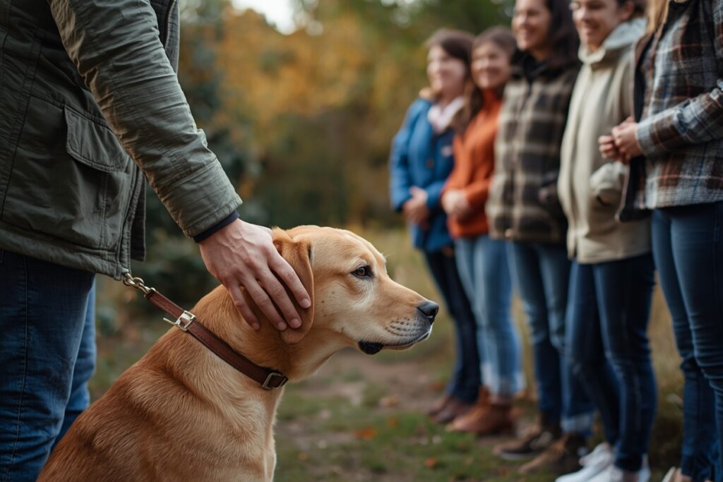 A dog being gently supported by its owner while observing a group of people from a safe distance, representing controlled exposure and confidence building