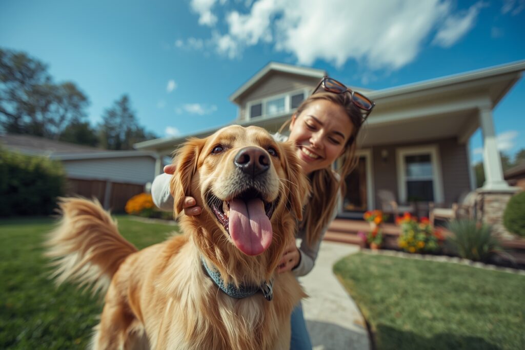 happy dog with owner outside home showing recovery from anxiety and building trust