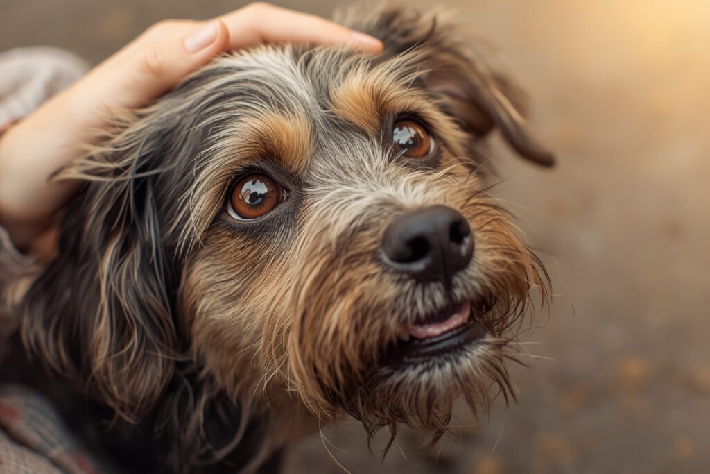 small dog being gently comforted by owner, calming techniques for anxious dogs at home