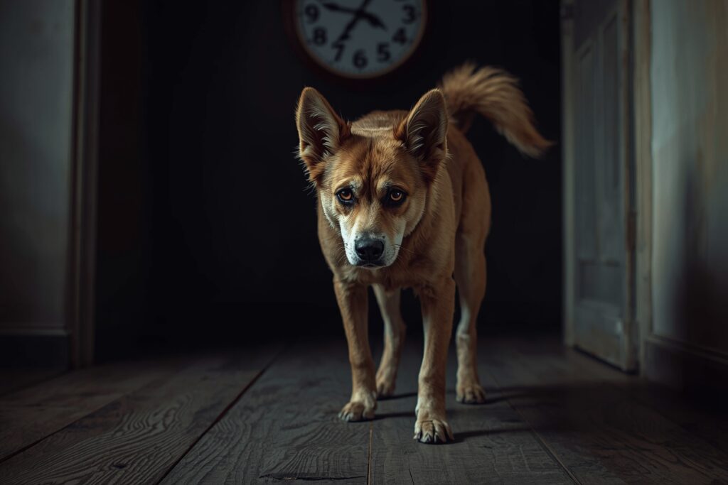 An anxious dog standing awake in a dark hallway at night looking alert and uneasy