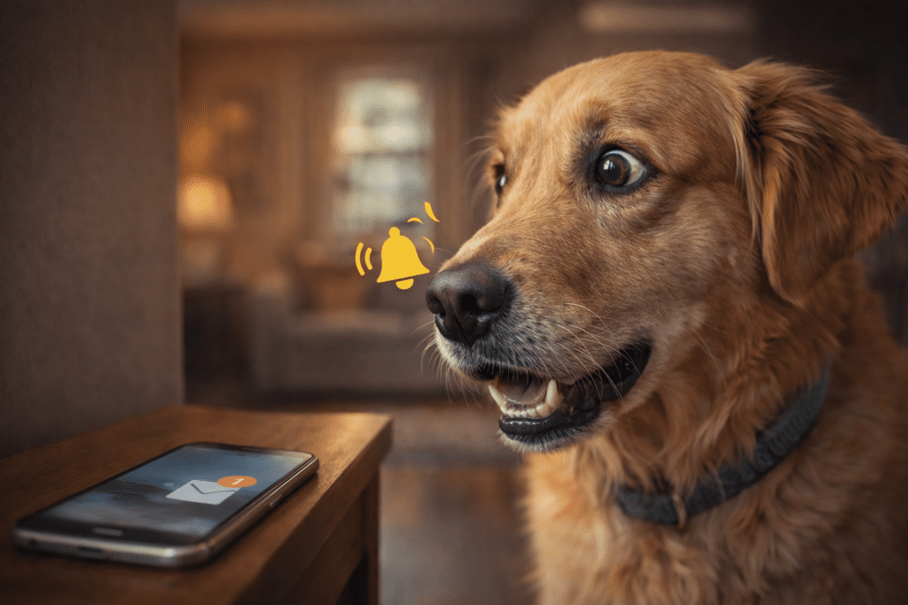 golden retriever reacting to phone notification sound showing anxiety from sudden digital alerts