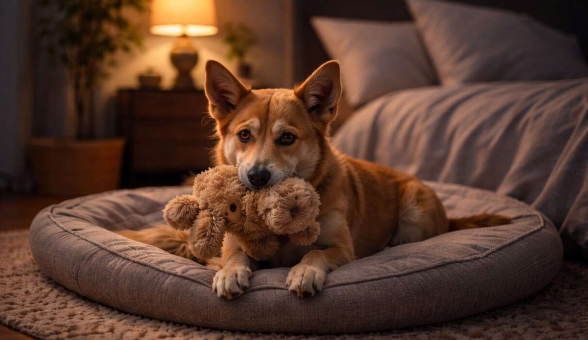 Newly adopted rescue dog lying on a bed holding a toy while adjusting to a safe home environment
