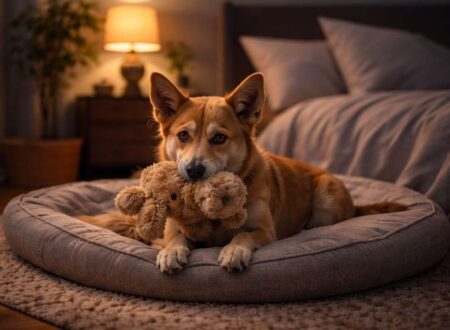 Newly adopted rescue dog lying on a bed holding a toy while adjusting to a safe home environment