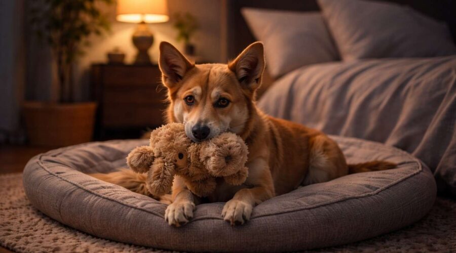 Newly adopted rescue dog lying on a bed holding a toy while adjusting to a safe home environment
