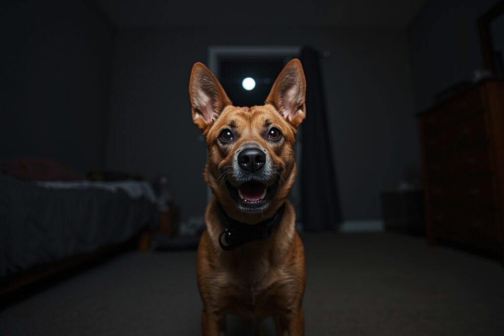 Alert brown dog standing in a dark room at night, staring toward a window with ears perked, reacting to outside noises that may trigger nighttime anxiety.