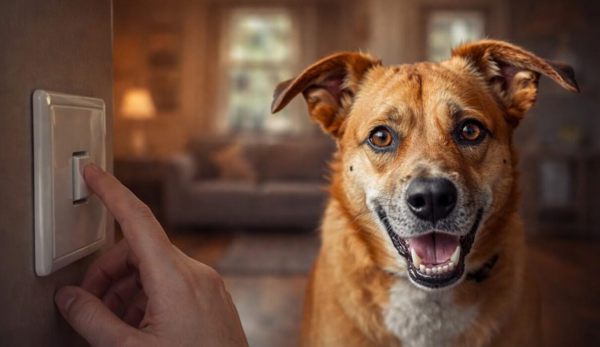 dog reacting to light switch sound indoors showing anxiety triggered by small household noises