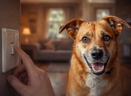 dog reacting to light switch sound indoors showing anxiety triggered by small household noises