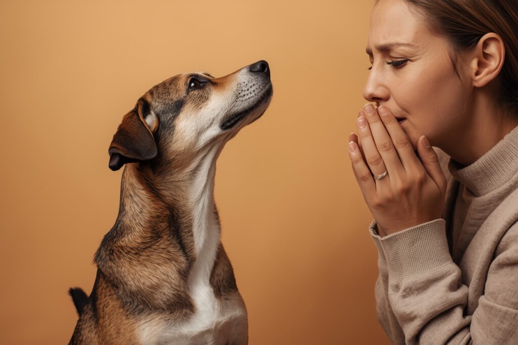 Concerned dog looking at its owner while the owner appears worried, representing a dog trembling due to anxiety or stress.