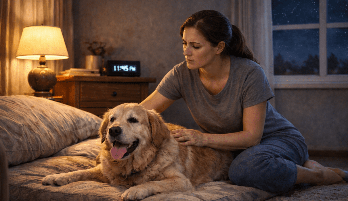 Woman gently comforting her golden retriever who is panting and restless at night in a softly lit bedroom, showing possible dog anxiety after dark.