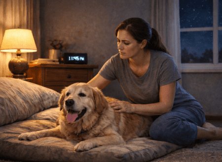 Woman gently comforting her golden retriever who is panting and restless at night in a softly lit bedroom, showing possible dog anxiety after dark.
