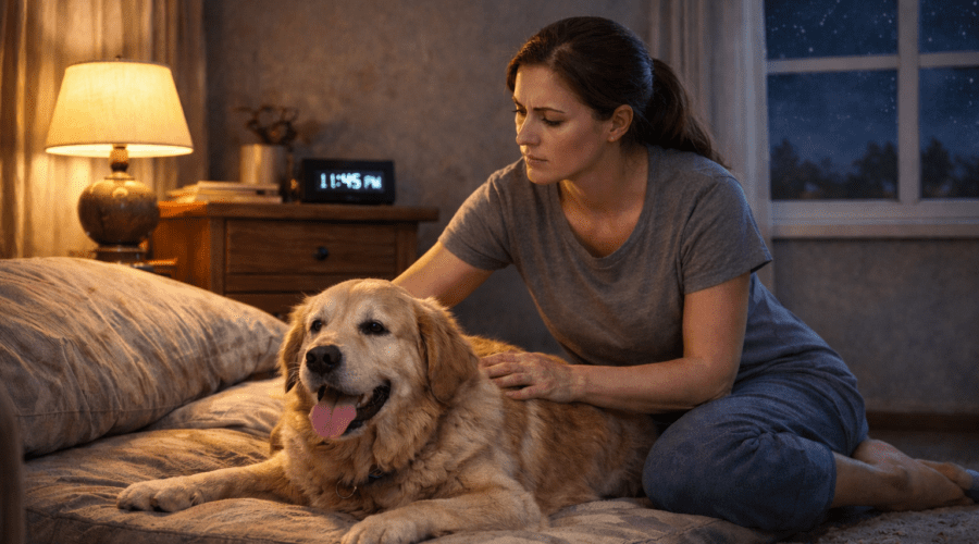 Woman gently comforting her golden retriever who is panting and restless at night in a softly lit bedroom, showing possible dog anxiety after dark.