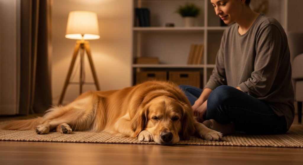 Golden retriever lying calmly beside owner indoors showing trust, safety, and emotional relaxation