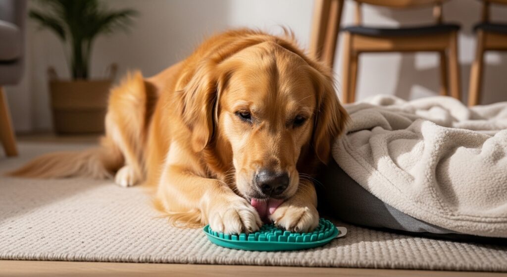 Golden retriever calmly using a lick mat indoors as a natural anxiety relief and relaxation activity