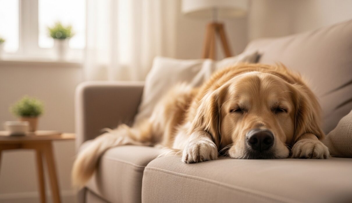 Golden retriever sleeping peacefully on a couch in a calm living room showing natural relaxation without forced training