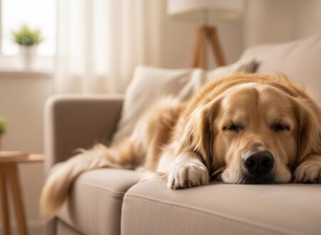 Golden retriever sleeping peacefully on a couch in a calm living room showing natural relaxation without forced training