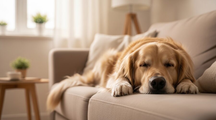 Golden retriever sleeping peacefully on a couch in a calm living room showing natural relaxation without forced training