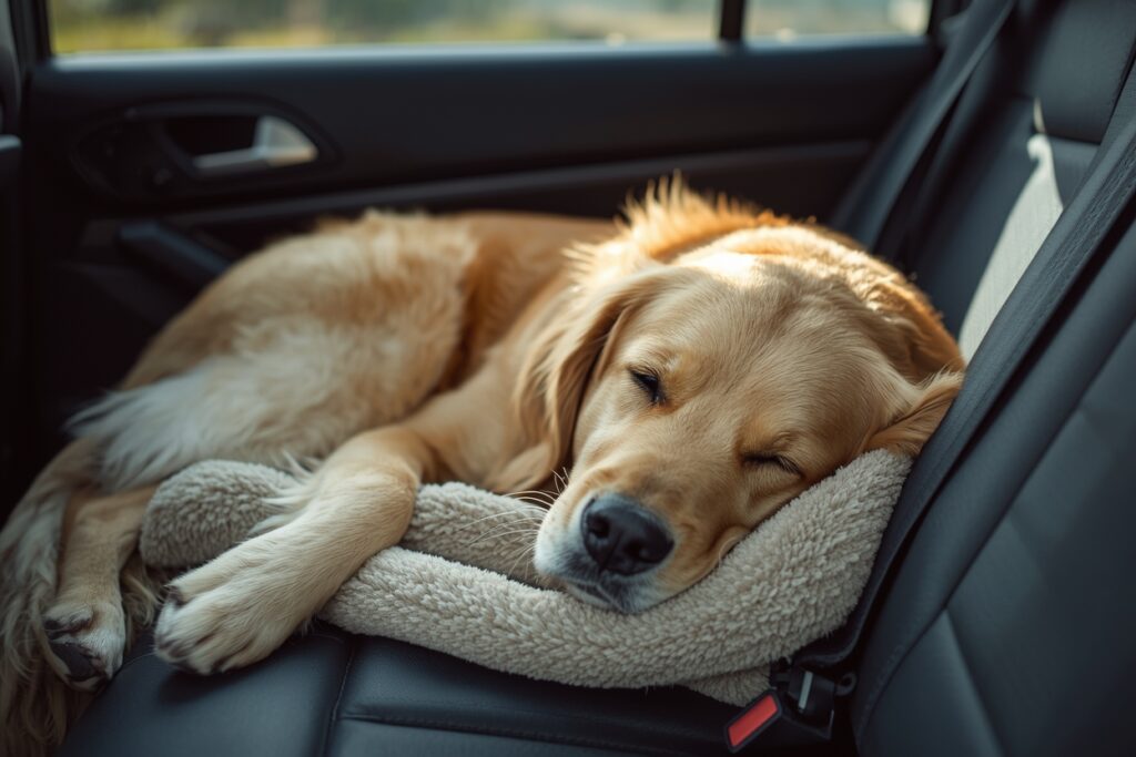 Golden retriever sleeping peacefully on a soft blanket in the back seat of a car after successful anxiety training.