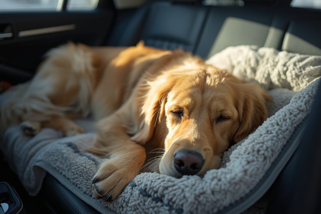 Golden retriever resting peacefully on a soft blanket in the back seat of a car, showing a relaxed and comfortable setup for reducing dog travel anxiety.