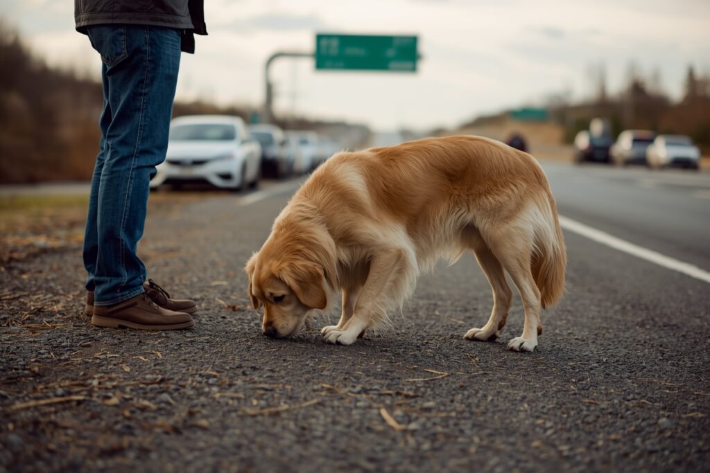 Golden retriever sniffing the ground beside its owner at a quiet roadside travel stop during a road trip, helping reduce dog anxiety during long car rides.