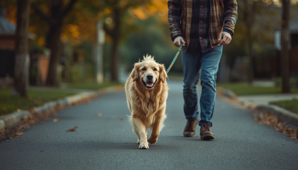 Golden retriever walking calmly on a quiet street with its owner after travel, helping a dog relax and adjust after coming home.