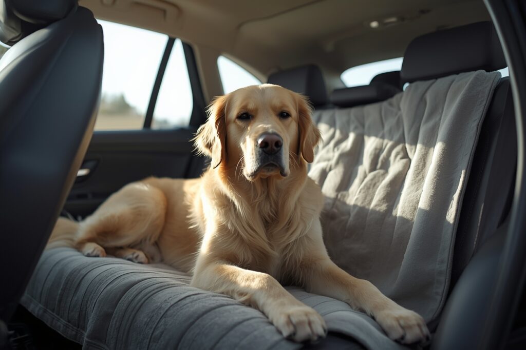 Golden retriever resting calmly on a soft blanket in the back seat of a car at the start of a long journey, showing a safe travel setup for anxious dogs.