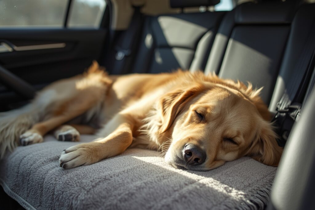 Golden retriever sleeping peacefully on a soft blanket in the back seat of a car after a travel break, showing a calm and comfortable road trip setup for anxious dogs.