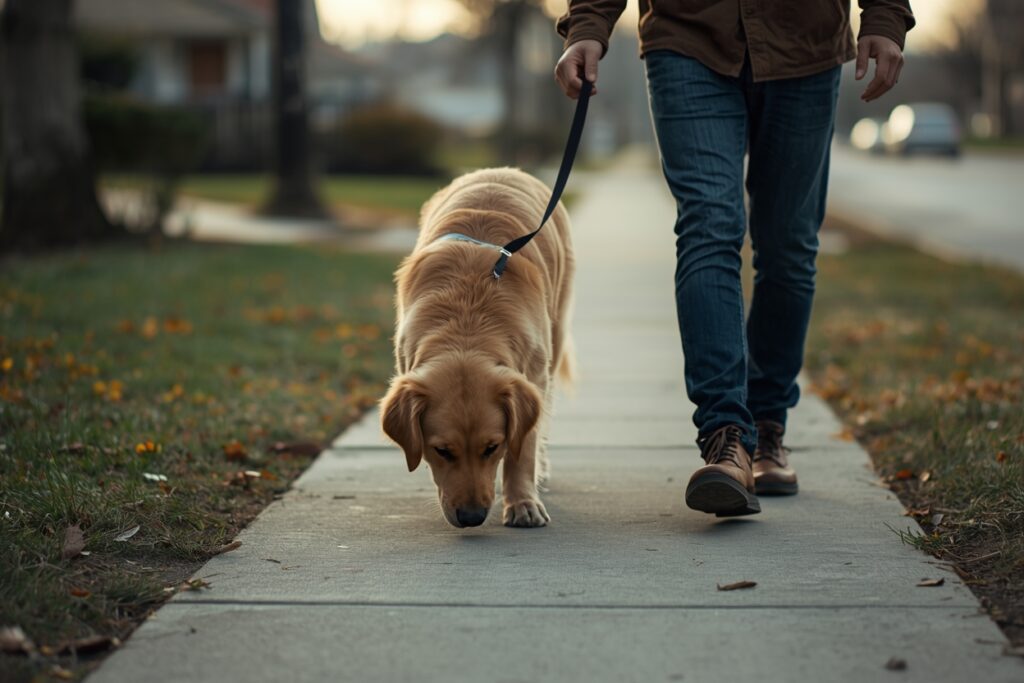 Golden retriever walking calmly with its owner on a quiet sidewalk before a long trip, sniffing the ground as part of a pre-travel calming routine for dog anxiety.