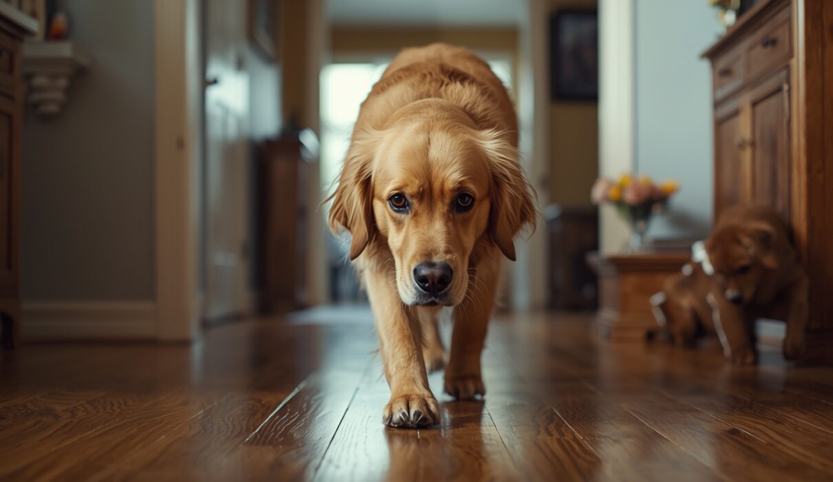 Golden retriever walking restlessly inside a home after travel, showing dog anxiety after coming back home from a trip.