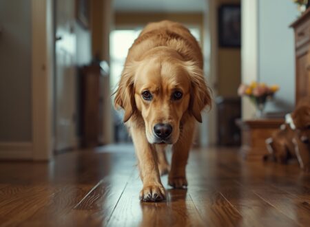 Golden retriever walking restlessly inside a home after travel, showing dog anxiety after coming back home from a trip.