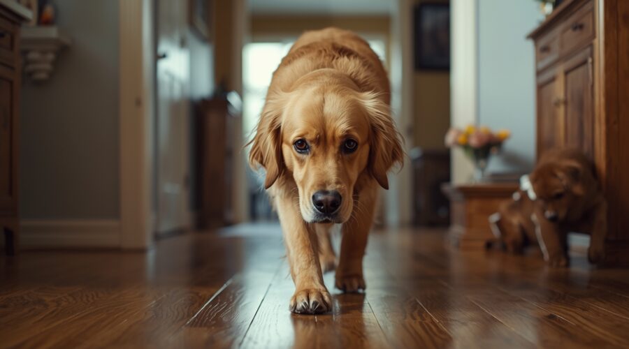 Golden retriever walking restlessly inside a home after travel, showing dog anxiety after coming back home from a trip.